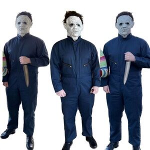 3 pcs Michael Myers Halloween costume set vintage navy coveralls mask knife